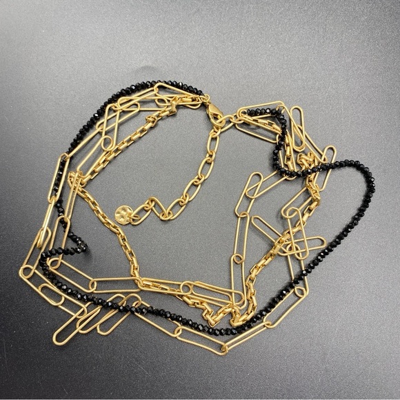 Gold Tone Paper Clip Multistrand Necklace Black Beads Layered - Picture 1 of 7